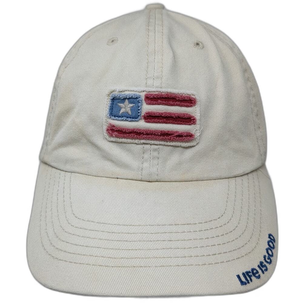 Life is Good Baseball Cap Beige Blue Red One Size Frayed American Flag Patch Hat